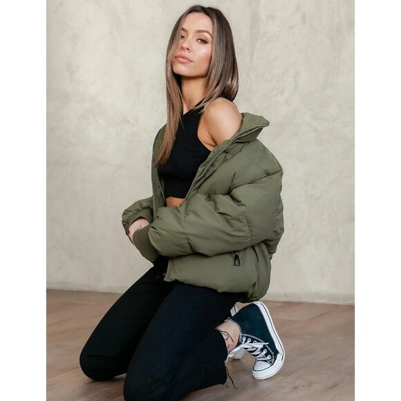 Women's Puffer Jacket Oversized Cropped Puffy Quilted Jackets Coat Olive - Picture 6 of 7